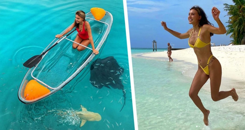 Оксана Самойлова на Мальдивах поплавала с опасными хищниками