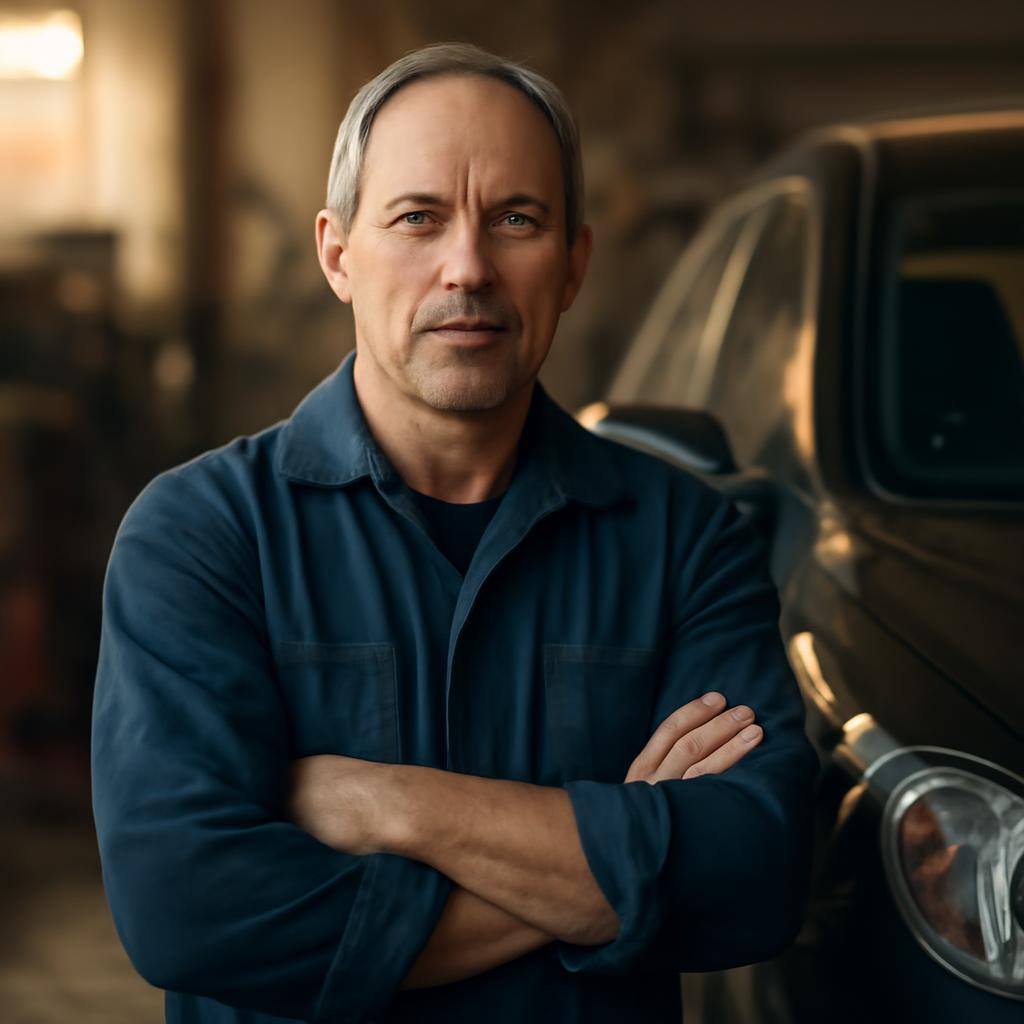 Алексей Морозов — фото автора в автосервисе, средний возраст, в рабочей одежде у автомобиля