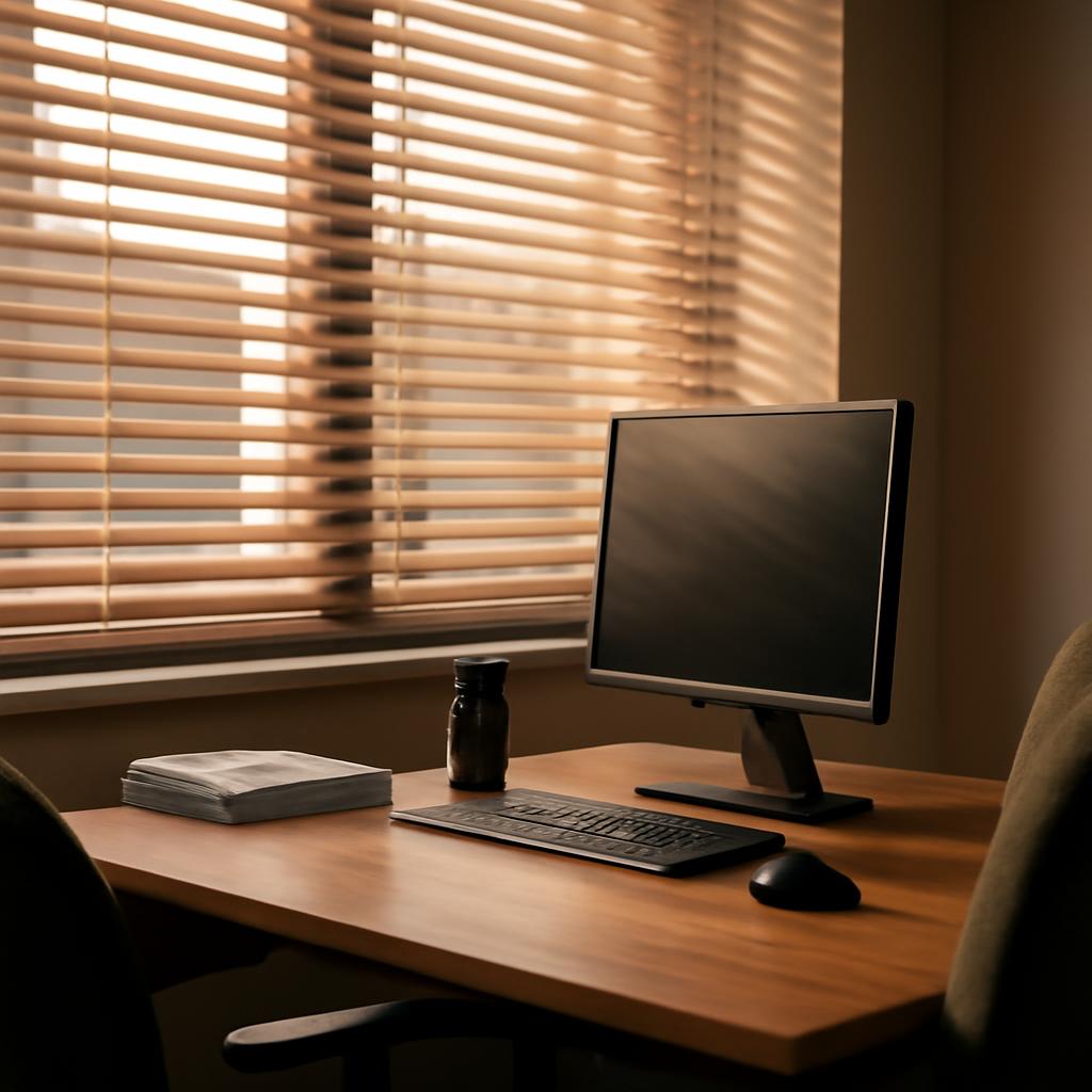 Офис с установленными горизонтальными жалюзи на окнах